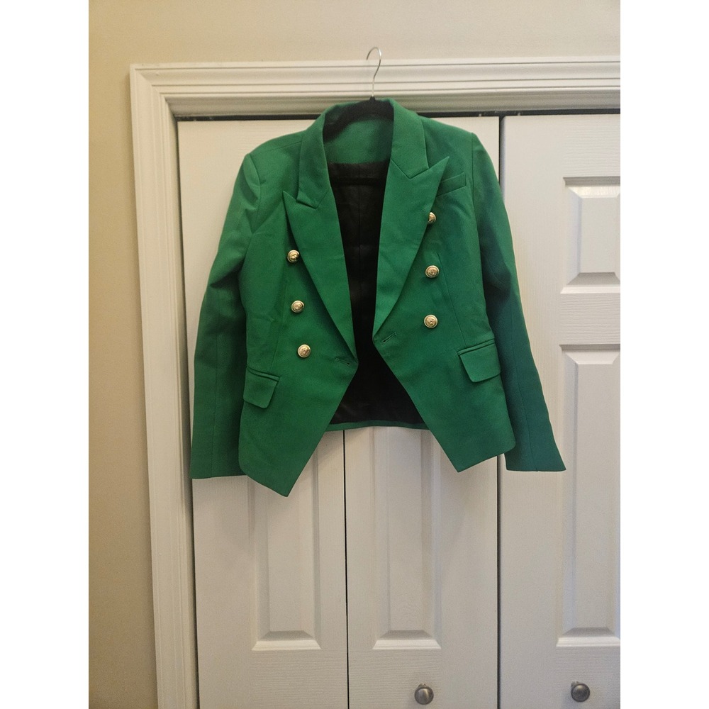 Kelly Green Double Breasted Blazer Gold Crest Buttons Peaked Lapel Size L